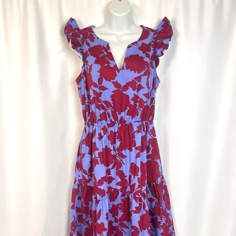 J.Crew Dress Size 4 Purple Red Floral Midi Ruffle Sleeve Cotton Tiered Casual